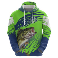 Bass Master Fishing Zip Hoodie with Jumping Largemouth Bass and Green Wave Pattern - Wonder Print Shop