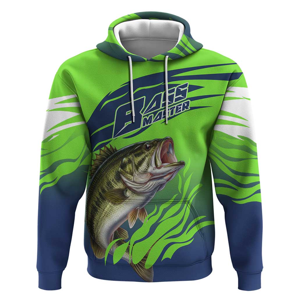Bass Master Fishing Zip Hoodie with Jumping Largemouth Bass and Green Wave Pattern - Wonder Print Shop