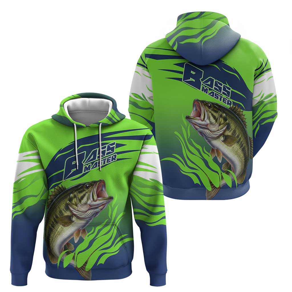 Bass Master Fishing Zip Hoodie with Jumping Largemouth Bass and Green Wave Pattern - Wonder Print Shop