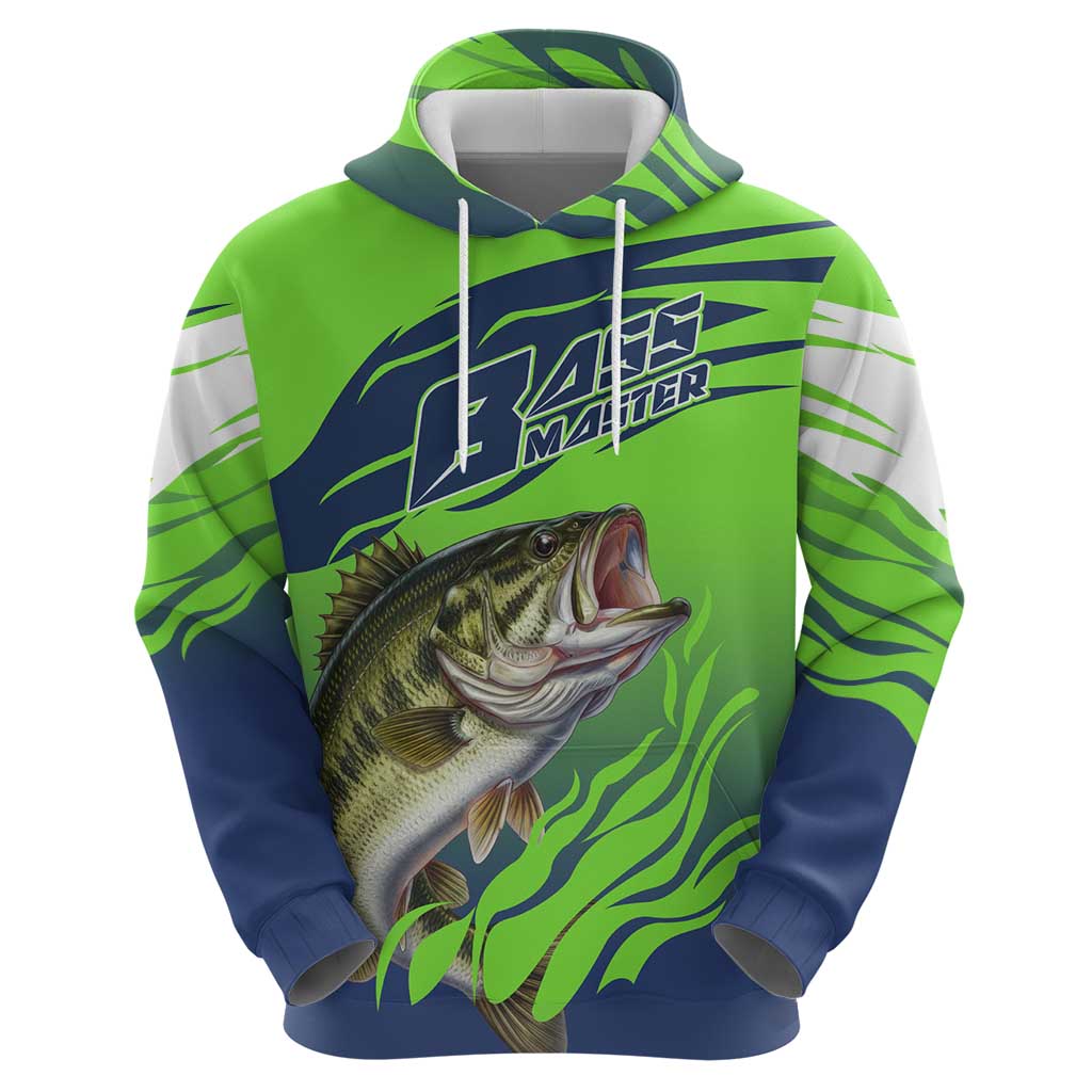 Bass Master Fishing Zip Hoodie with Jumping Largemouth Bass and Green Wave Pattern - Wonder Print Shop
