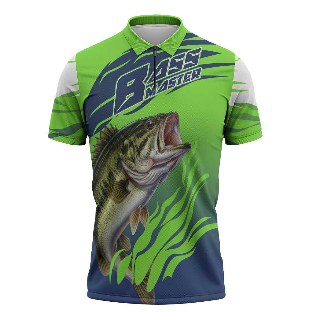 Bass Master Fishing Zipper Polo Shirt with Jumping Largemouth Bass and Green Wave Pattern - Wonder Print Shop