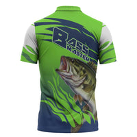 Bass Master Fishing Zipper Polo Shirt with Jumping Largemouth Bass and Green Wave Pattern - Wonder Print Shop