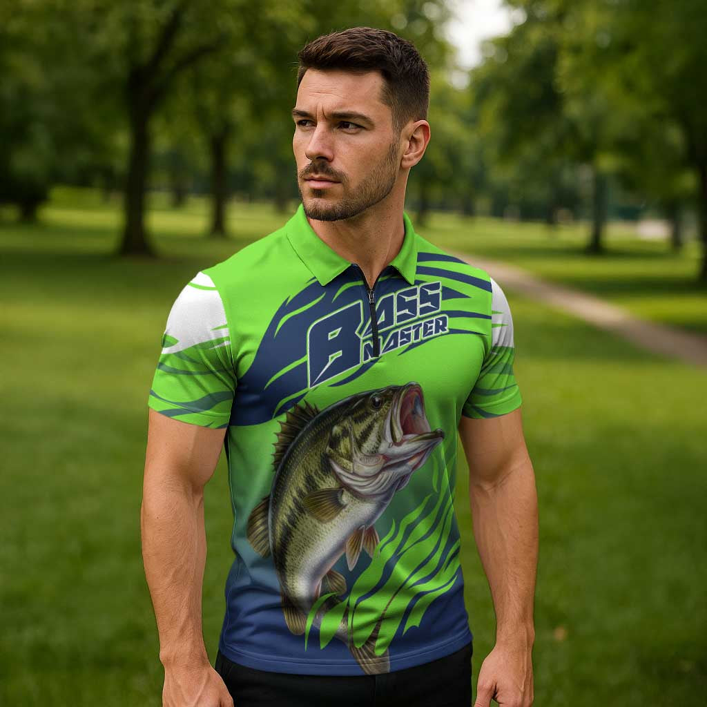 Bass Master Fishing Zipper Polo Shirt with Jumping Largemouth Bass and Green Wave Pattern - Wonder Print Shop
