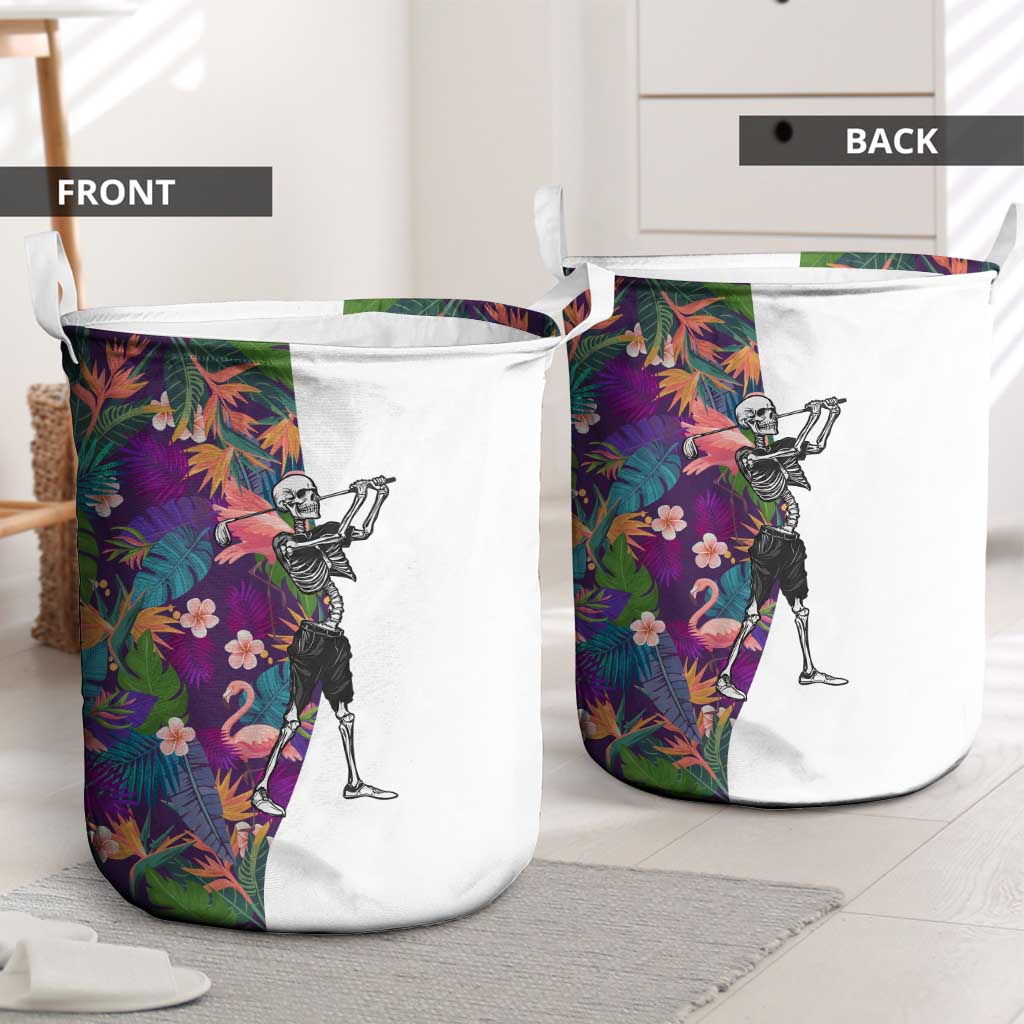 Skeleton Golfer Laundry Basket with Tropical Flamingo Leaves Pattern and Colorful Floral Background - Wonder Print Shop