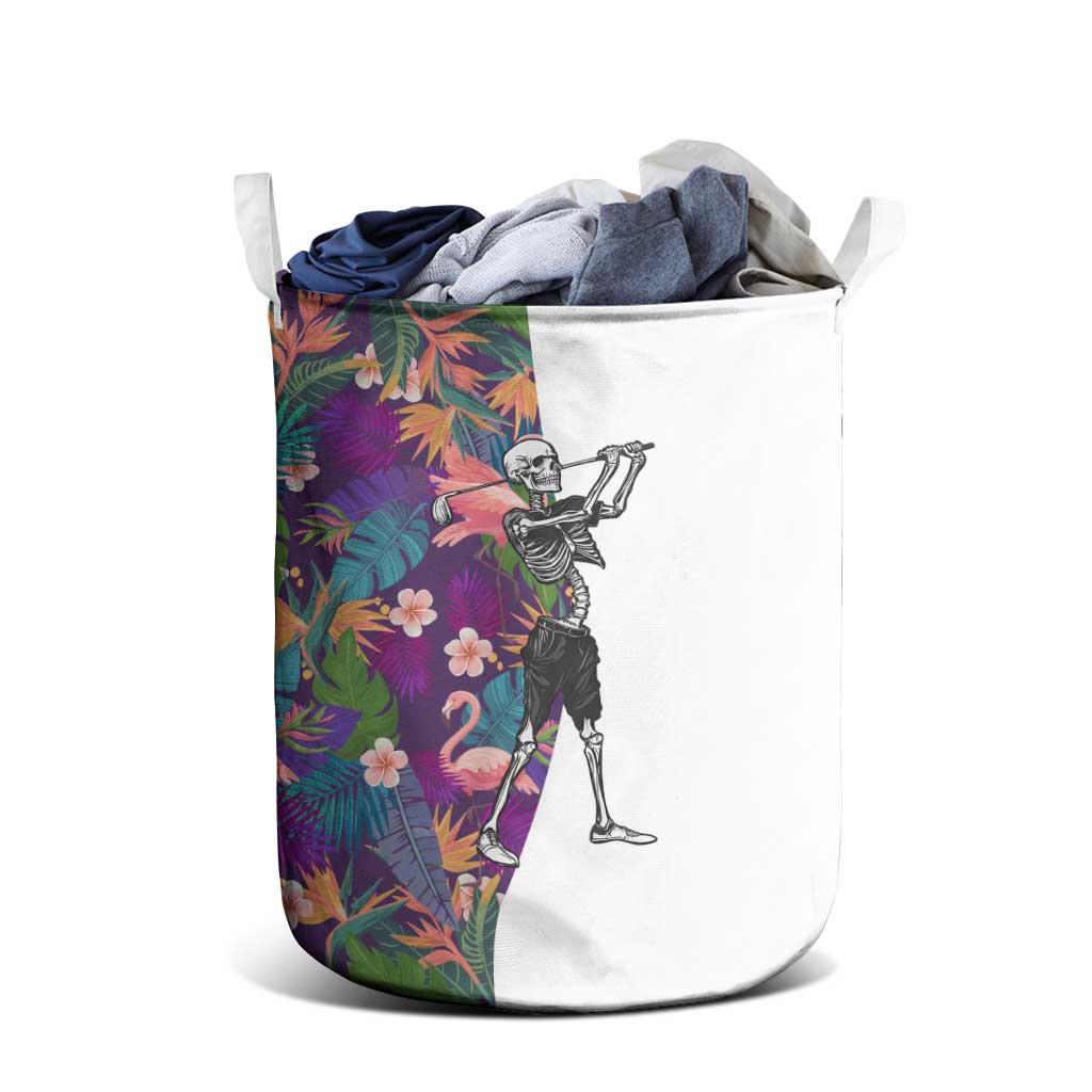 Skeleton Golfer Laundry Basket with Tropical Flamingo Leaves Pattern and Colorful Floral Background - Wonder Print Shop
