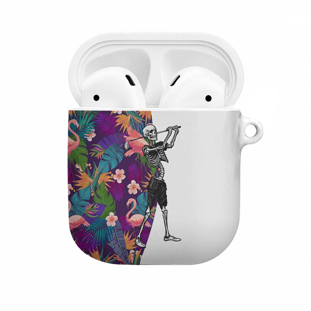 Skeleton Golfer AirPods Case with Tropical Flamingo Leaves Pattern and Colorful Floral Background - Wonder Print Shop