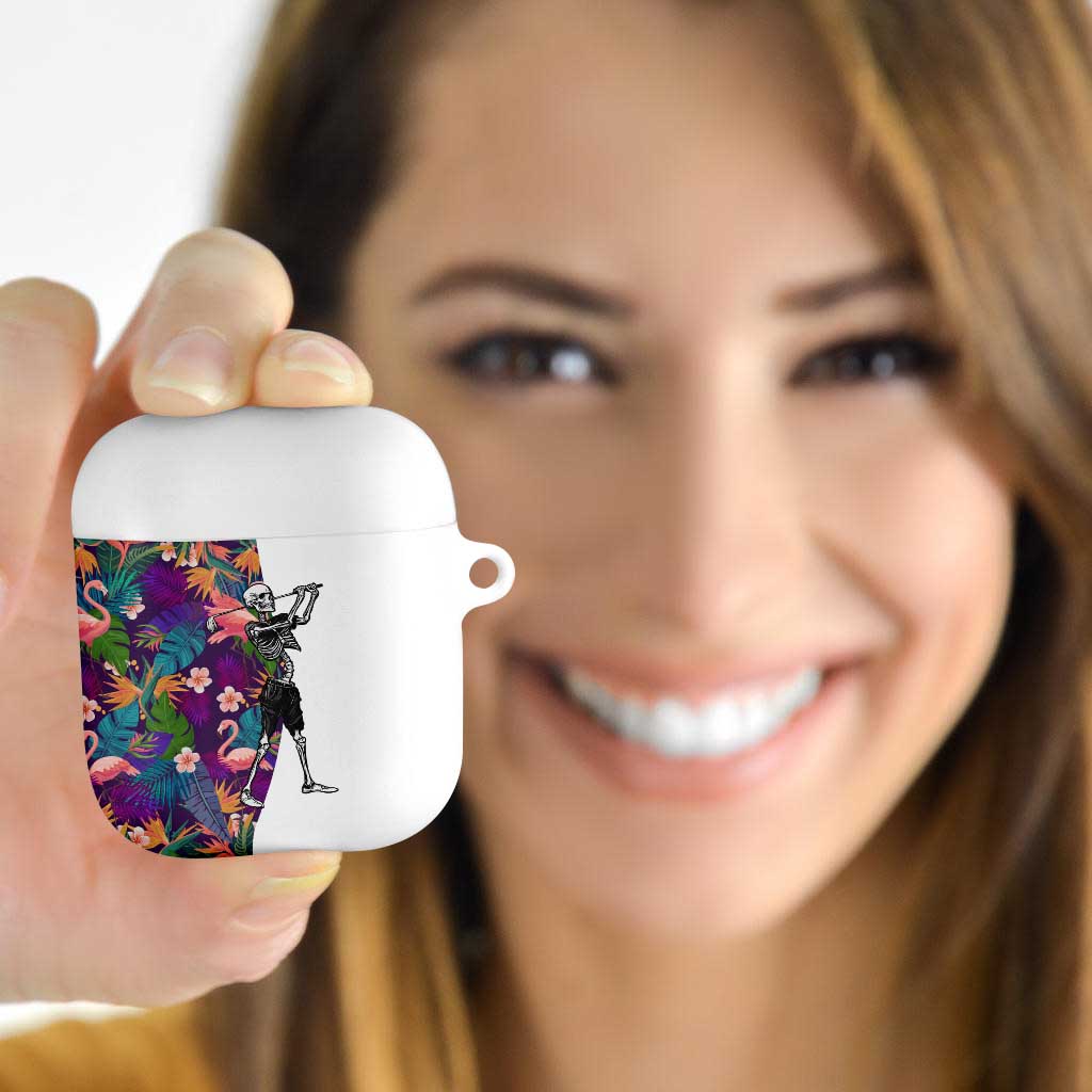 Skeleton Golfer AirPods Case with Tropical Flamingo Leaves Pattern and Colorful Floral Background - Wonder Print Shop