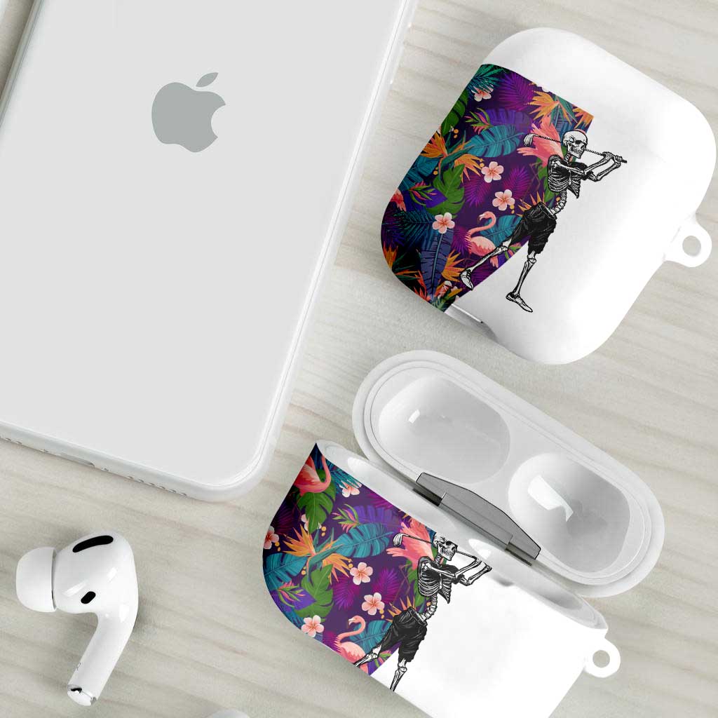 Skeleton Golfer AirPods Case with Tropical Flamingo Leaves Pattern and Colorful Floral Background - Wonder Print Shop