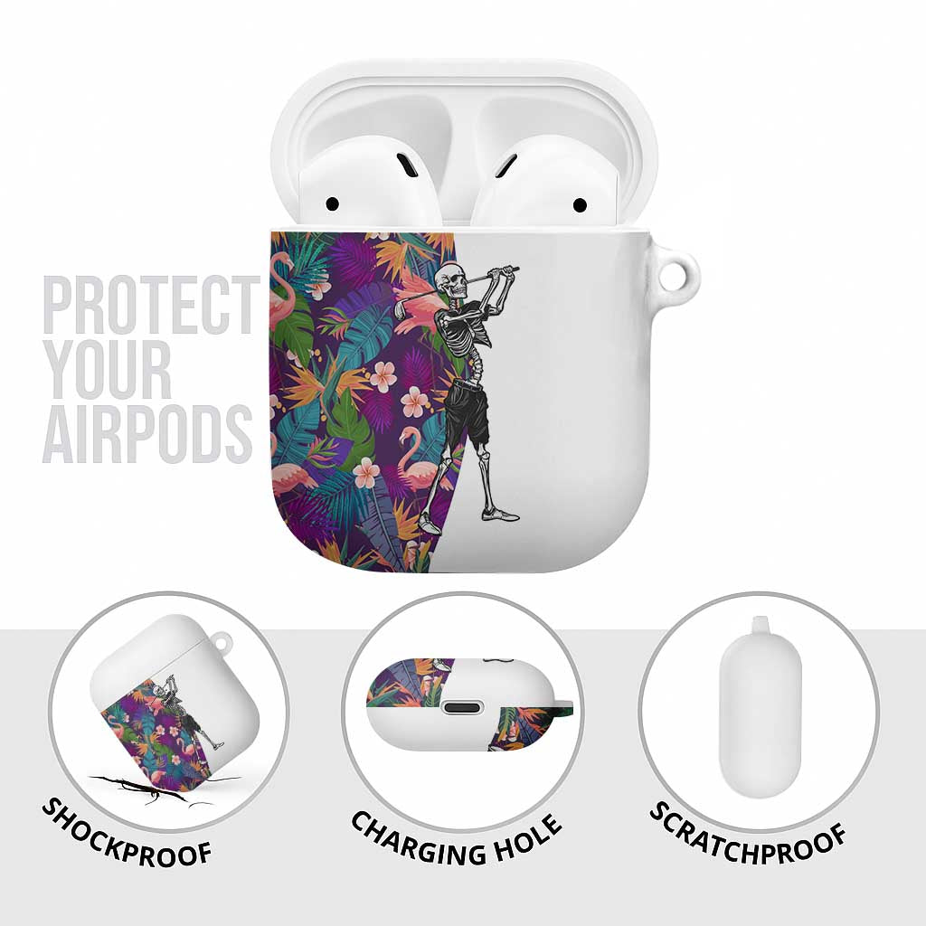 Skeleton Golfer AirPods Case with Tropical Flamingo Leaves Pattern and Colorful Floral Background - Wonder Print Shop