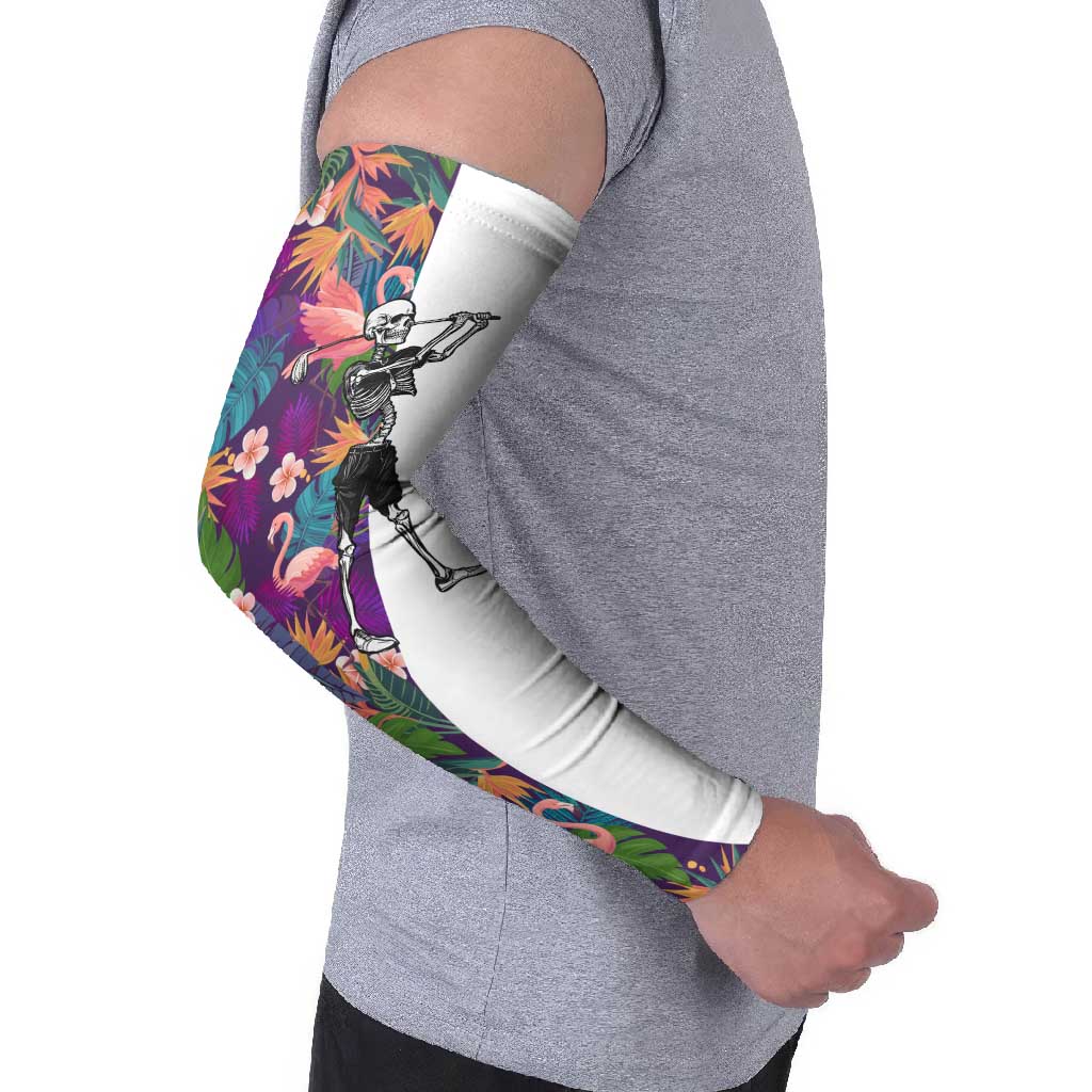 Skeleton Golfer Arm Sleeves with Tropical Flamingo Leaves Pattern and Colorful Floral Background - Wonder Print Shop