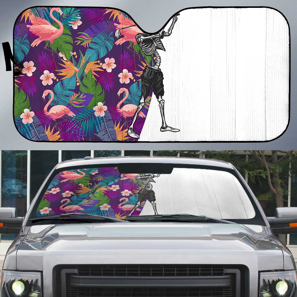 Skeleton Golfer Auto Sun Shade with Tropical Flamingo Leaves Pattern and Colorful Floral Background - Wonder Print Shop