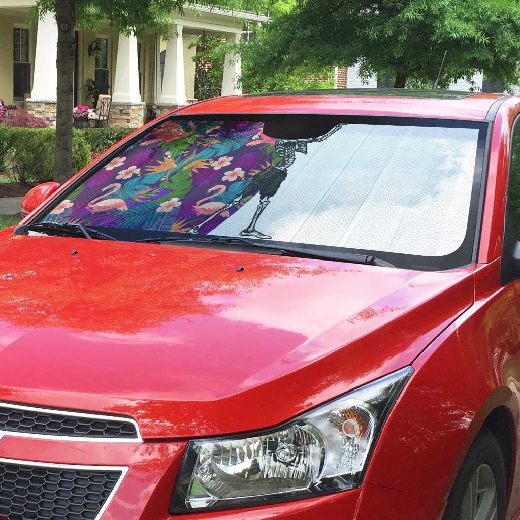 Skeleton Golfer Auto Sun Shade with Tropical Flamingo Leaves Pattern and Colorful Floral Background - Wonder Print Shop