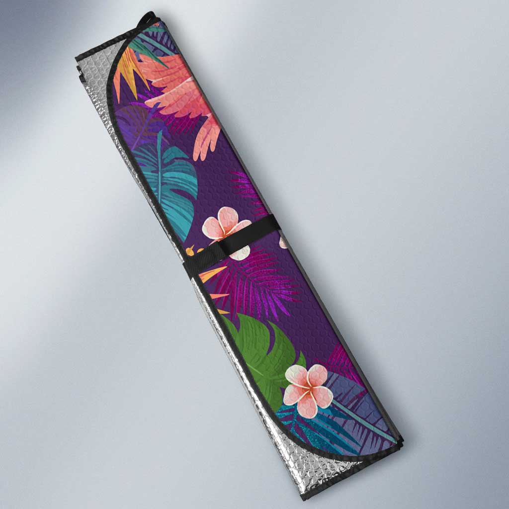 Skeleton Golfer Auto Sun Shade with Tropical Flamingo Leaves Pattern and Colorful Floral Background - Wonder Print Shop