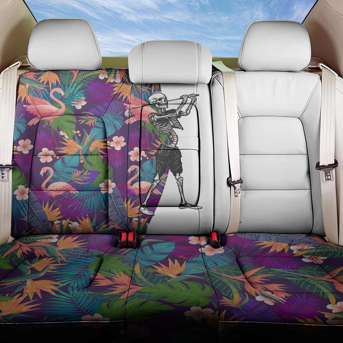Skeleton Golfer Back Car Seat Cover with Tropical Flamingo Leaves Pattern and Colorful Floral Background - Wonder Print Shop