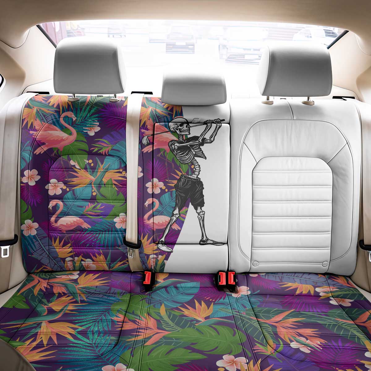 Skeleton Golfer Back Car Seat Cover with Tropical Flamingo Leaves Pattern and Colorful Floral Background - Wonder Print Shop