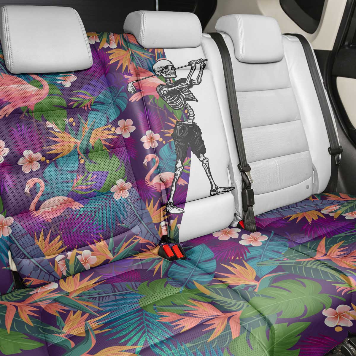 Skeleton Golfer Back Car Seat Cover with Tropical Flamingo Leaves Pattern and Colorful Floral Background - Wonder Print Shop