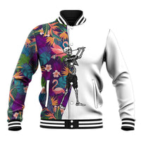 Custom Skeleton Golfer Baseball Jacket with Tropical Flamingo Leaves Pattern and Colorful Floral Background - Wonder Print Shop