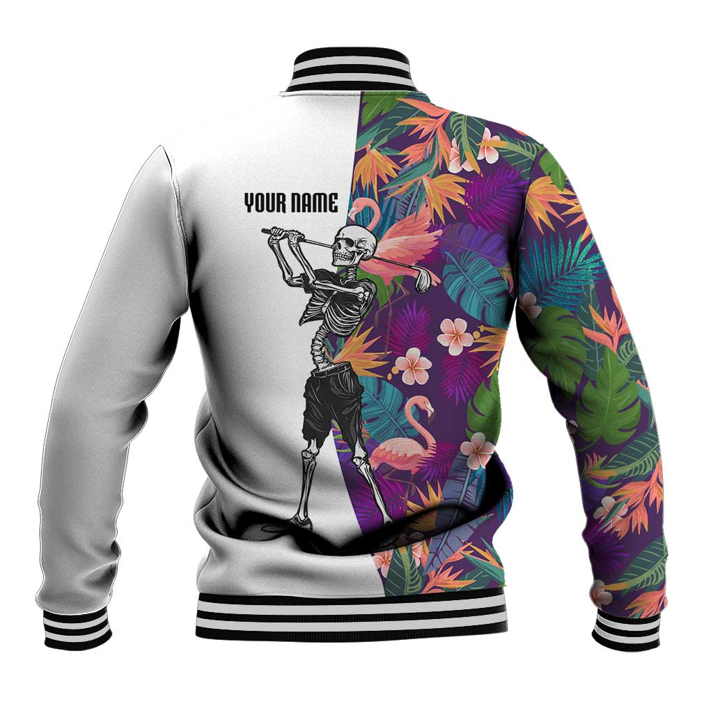 Custom Skeleton Golfer Baseball Jacket with Tropical Flamingo Leaves Pattern and Colorful Floral Background - Wonder Print Shop