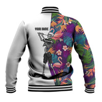 Custom Skeleton Golfer Baseball Jacket with Tropical Flamingo Leaves Pattern and Colorful Floral Background - Wonder Print Shop