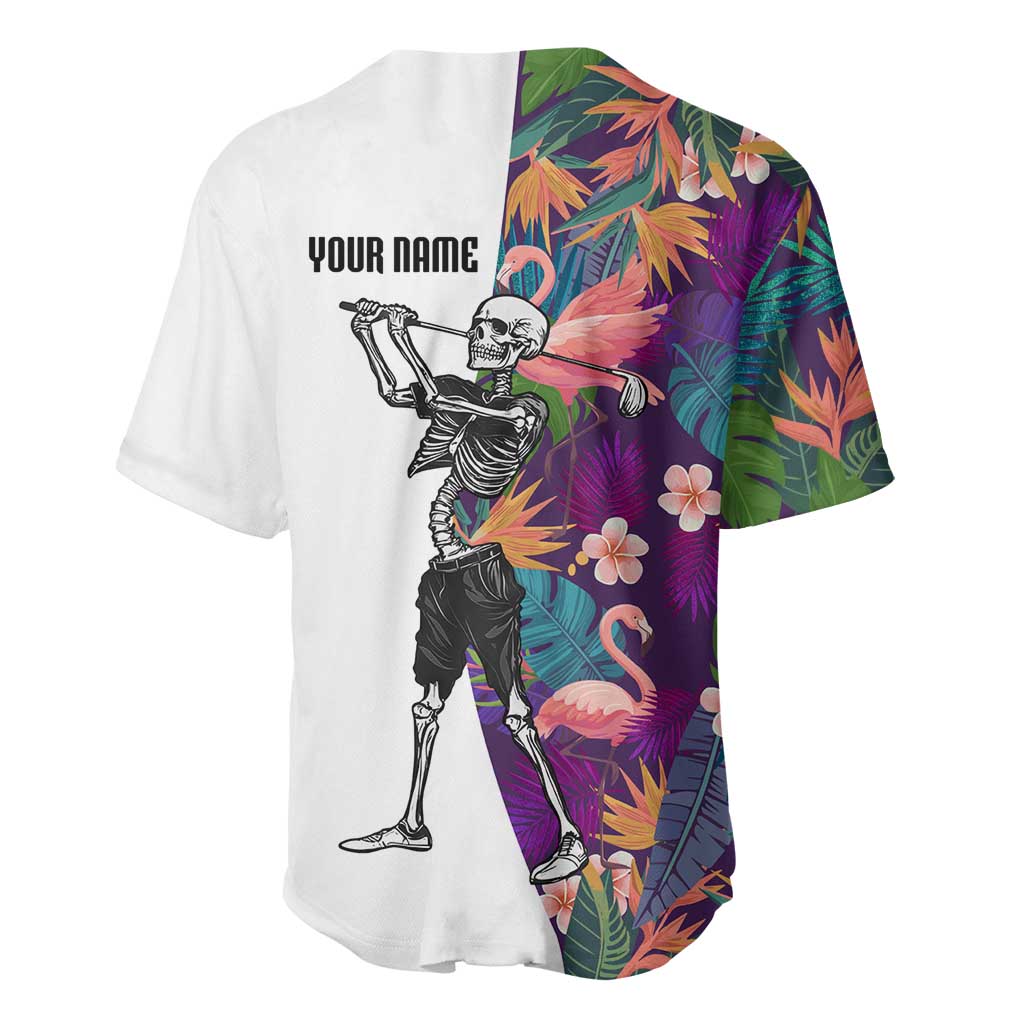 Custom Skeleton Golfer Baseball Jersey with Tropical Flamingo Leaves Pattern and Colorful Floral Background - Wonder Print Shop