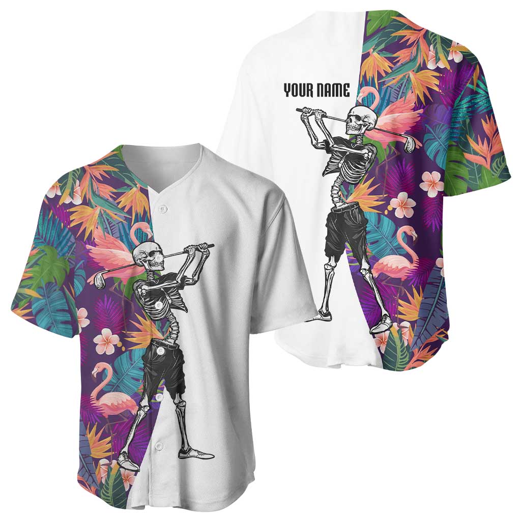 Custom Skeleton Golfer Baseball Jersey with Tropical Flamingo Leaves Pattern and Colorful Floral Background - Wonder Print Shop