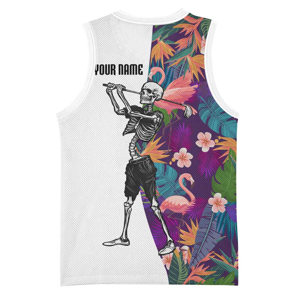 Custom Skeleton Golfer Basketball Jersey with Tropical Flamingo Leaves Pattern and Colorful Floral Background - Wonder Print Shop
