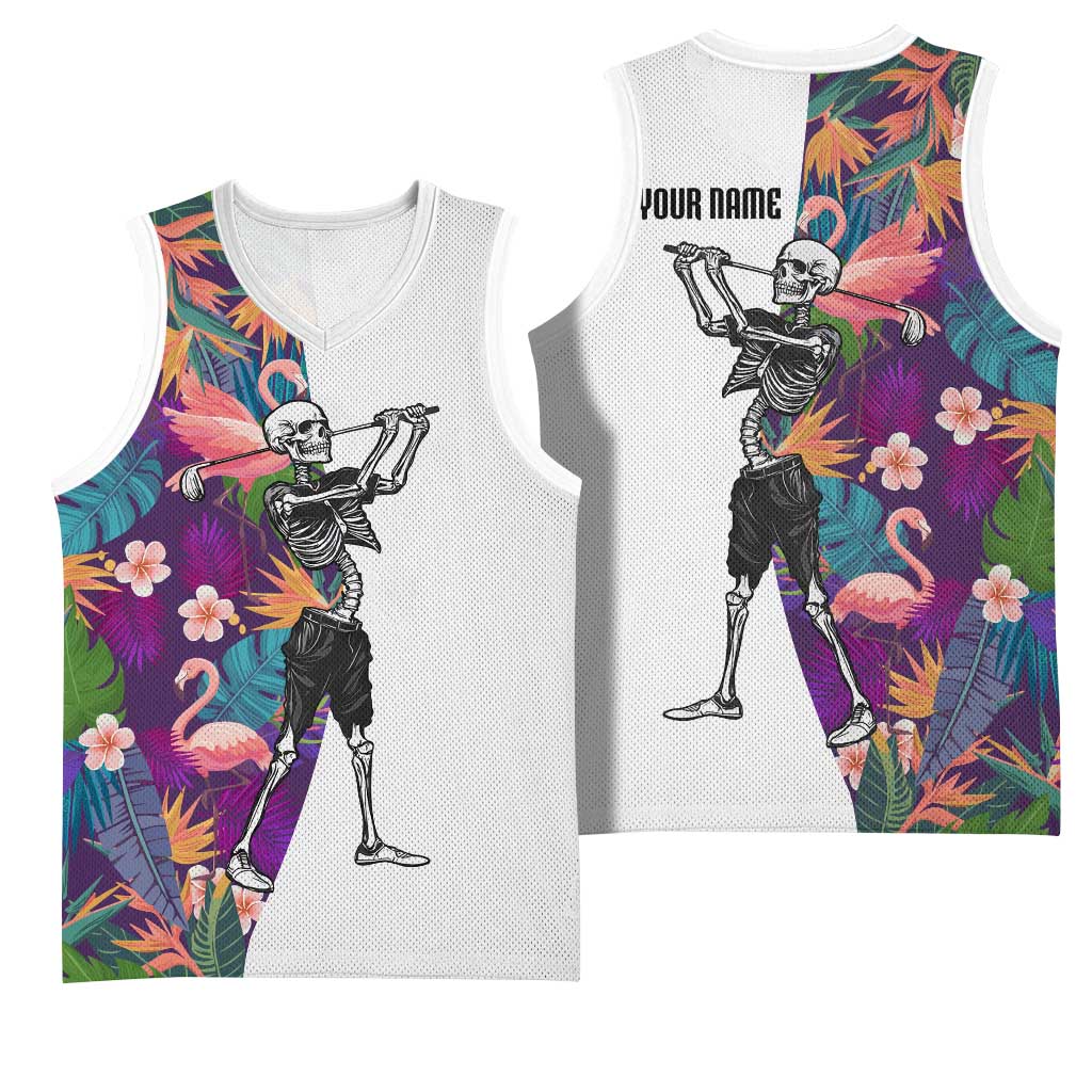 Custom Skeleton Golfer Basketball Jersey with Tropical Flamingo Leaves Pattern and Colorful Floral Background - Wonder Print Shop