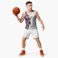 Custom Skeleton Golfer Basketball Jersey with Tropical Flamingo Leaves Pattern and Colorful Floral Background - Wonder Print Shop