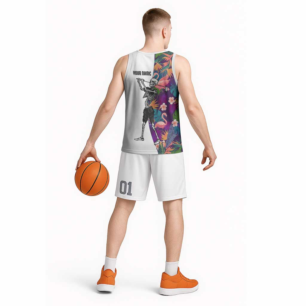 Custom Skeleton Golfer Basketball Jersey with Tropical Flamingo Leaves Pattern and Colorful Floral Background - Wonder Print Shop