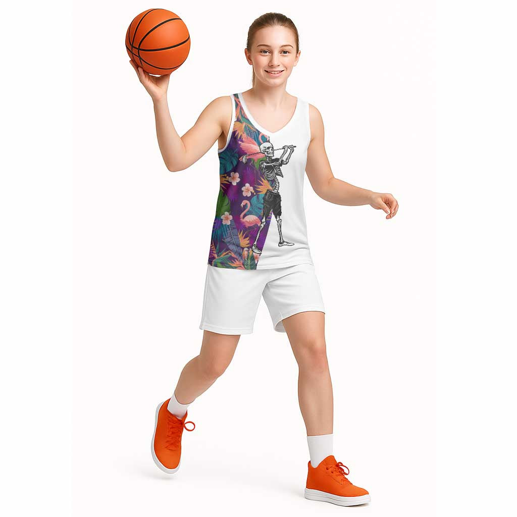 Custom Skeleton Golfer Basketball Jersey with Tropical Flamingo Leaves Pattern and Colorful Floral Background - Wonder Print Shop