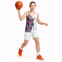 Custom Skeleton Golfer Basketball Jersey with Tropical Flamingo Leaves Pattern and Colorful Floral Background - Wonder Print Shop