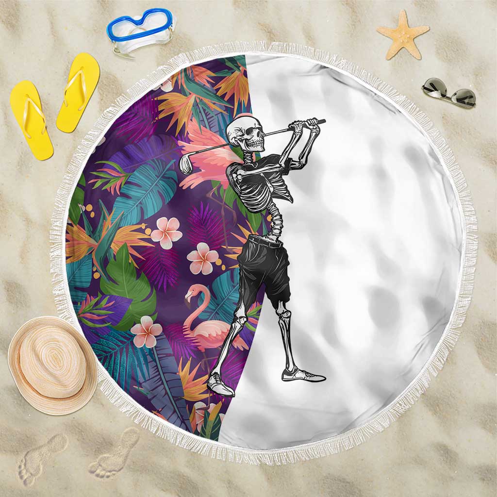 Skeleton Golfer Beach Blanket with Tropical Flamingo Leaves Pattern and Colorful Floral Background - Wonder Print Shop