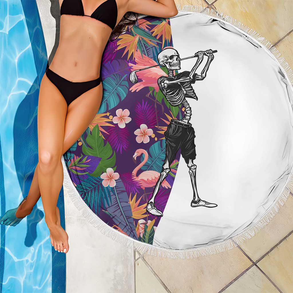 Skeleton Golfer Beach Blanket with Tropical Flamingo Leaves Pattern and Colorful Floral Background - Wonder Print Shop