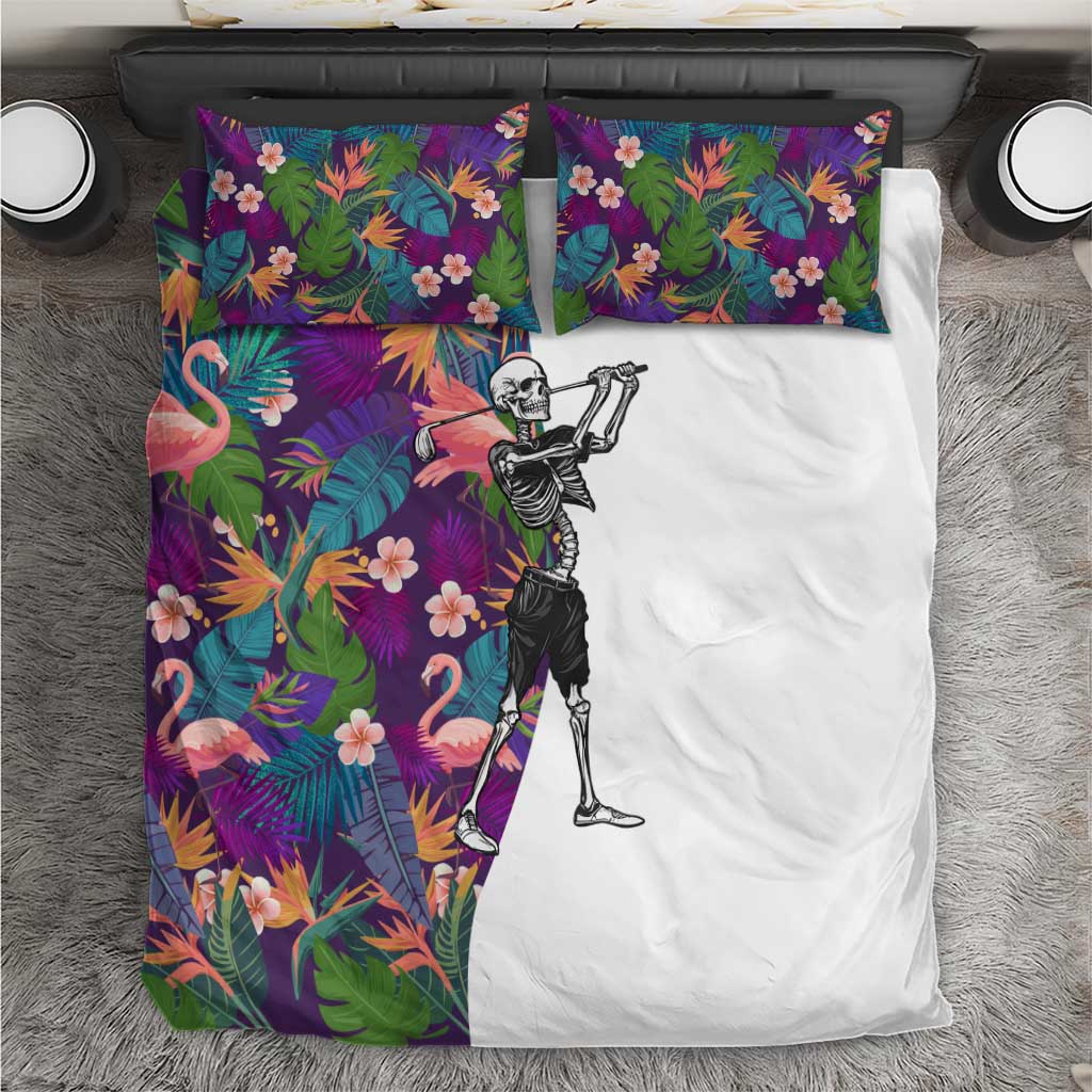 Skeleton Golfer Bedding Set with Tropical Flamingo Leaves Pattern and Colorful Floral Background - Wonder Print Shop