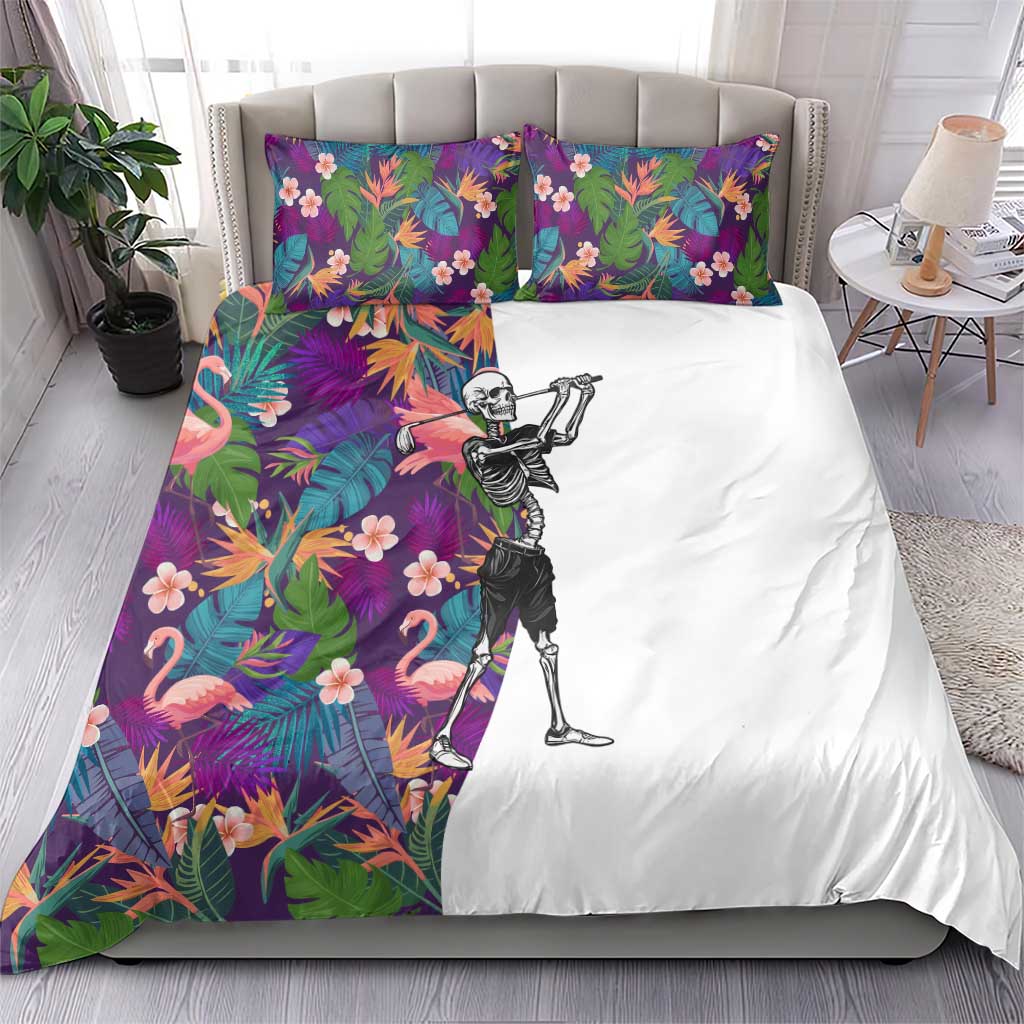 Skeleton Golfer Bedding Set with Tropical Flamingo Leaves Pattern and Colorful Floral Background - Wonder Print Shop