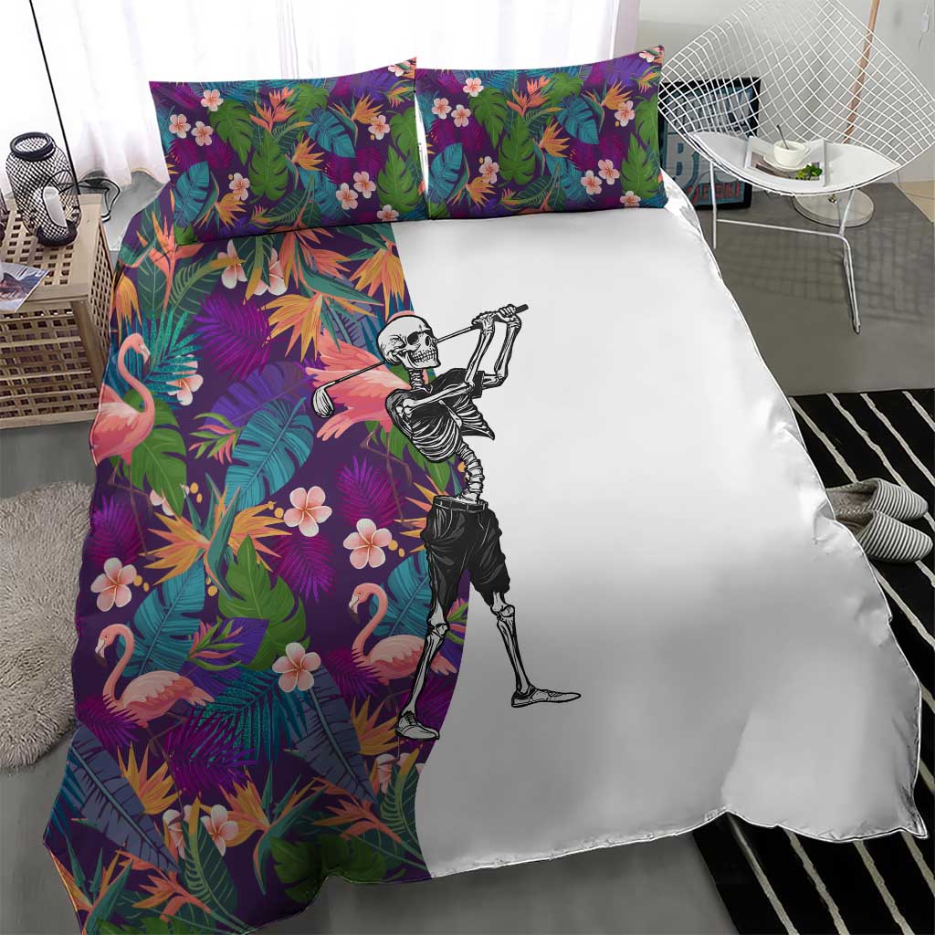 Skeleton Golfer Bedding Set with Tropical Flamingo Leaves Pattern and Colorful Floral Background - Wonder Print Shop