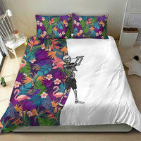Skeleton Golfer Bedding Set with Tropical Flamingo Leaves Pattern and Colorful Floral Background - Wonder Print Shop