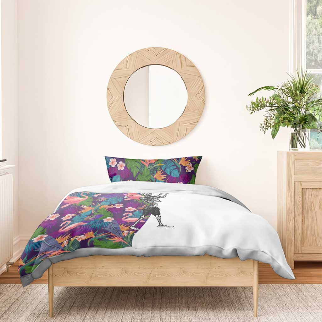 Skeleton Golfer Bedding Set with Tropical Flamingo Leaves Pattern and Colorful Floral Background - Wonder Print Shop