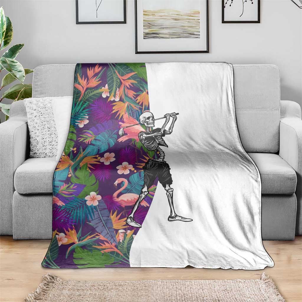 Skeleton Golfer Blanket with Tropical Flamingo Leaves Pattern and Colorful Floral Background - Wonder Print Shop