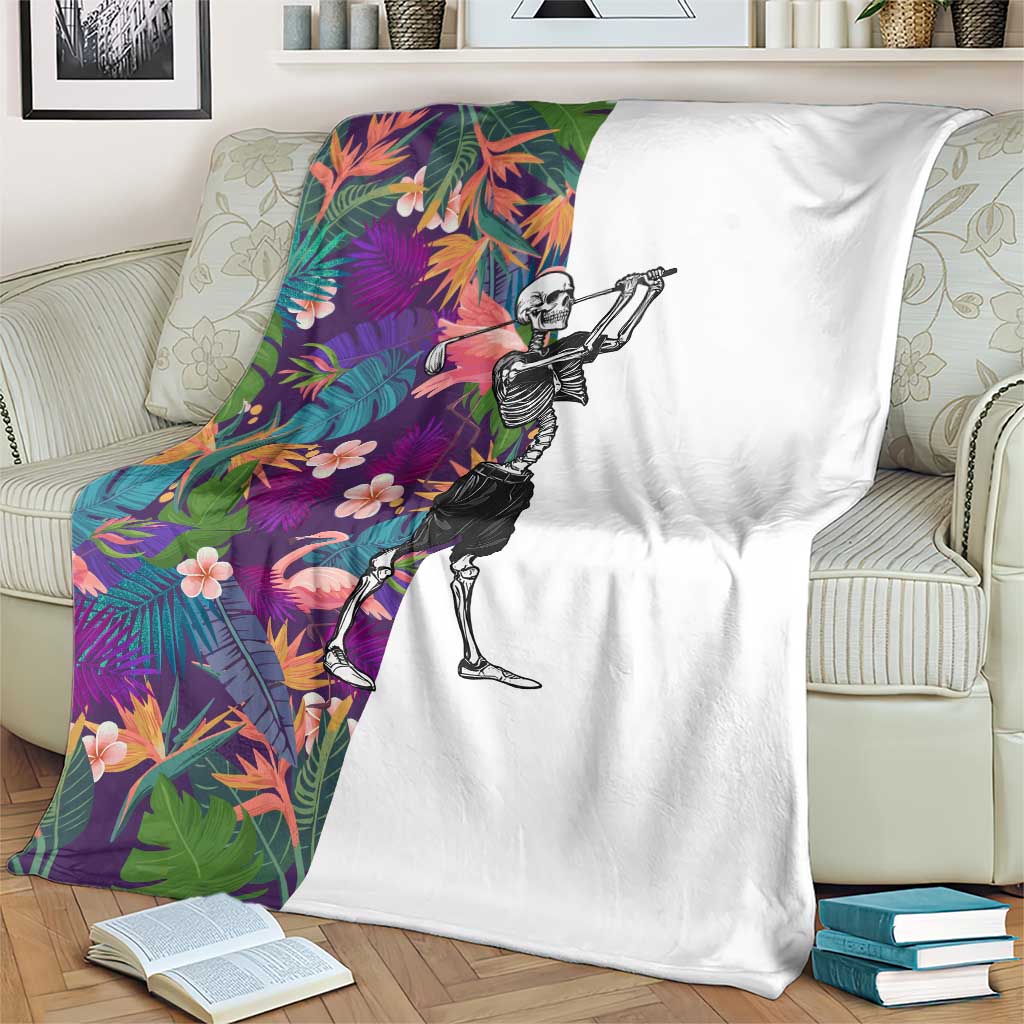 Skeleton Golfer Blanket with Tropical Flamingo Leaves Pattern and Colorful Floral Background - Wonder Print Shop