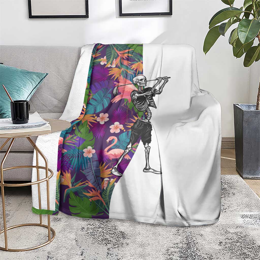 Skeleton Golfer Blanket with Tropical Flamingo Leaves Pattern and Colorful Floral Background - Wonder Print Shop