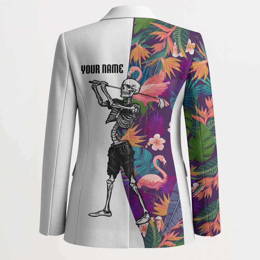 Custom Skeleton Golfer Blazer with Tropical Flamingo Leaves Pattern and Colorful Floral Background - Wonder Print Shop
