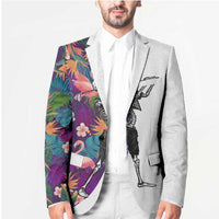 Custom Skeleton Golfer Blazer with Tropical Flamingo Leaves Pattern and Colorful Floral Background - Wonder Print Shop