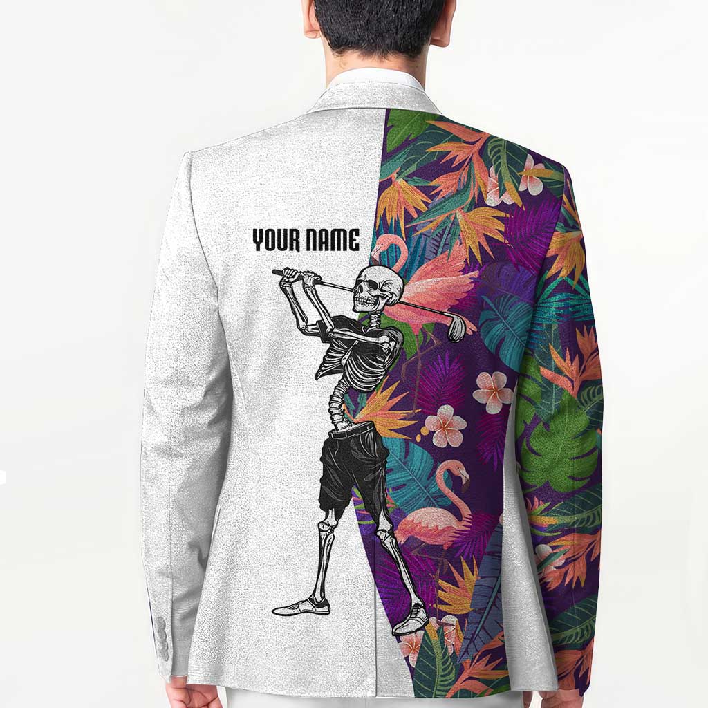 Custom Skeleton Golfer Blazer with Tropical Flamingo Leaves Pattern and Colorful Floral Background - Wonder Print Shop