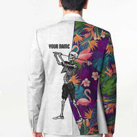 Custom Skeleton Golfer Blazer with Tropical Flamingo Leaves Pattern and Colorful Floral Background - Wonder Print Shop