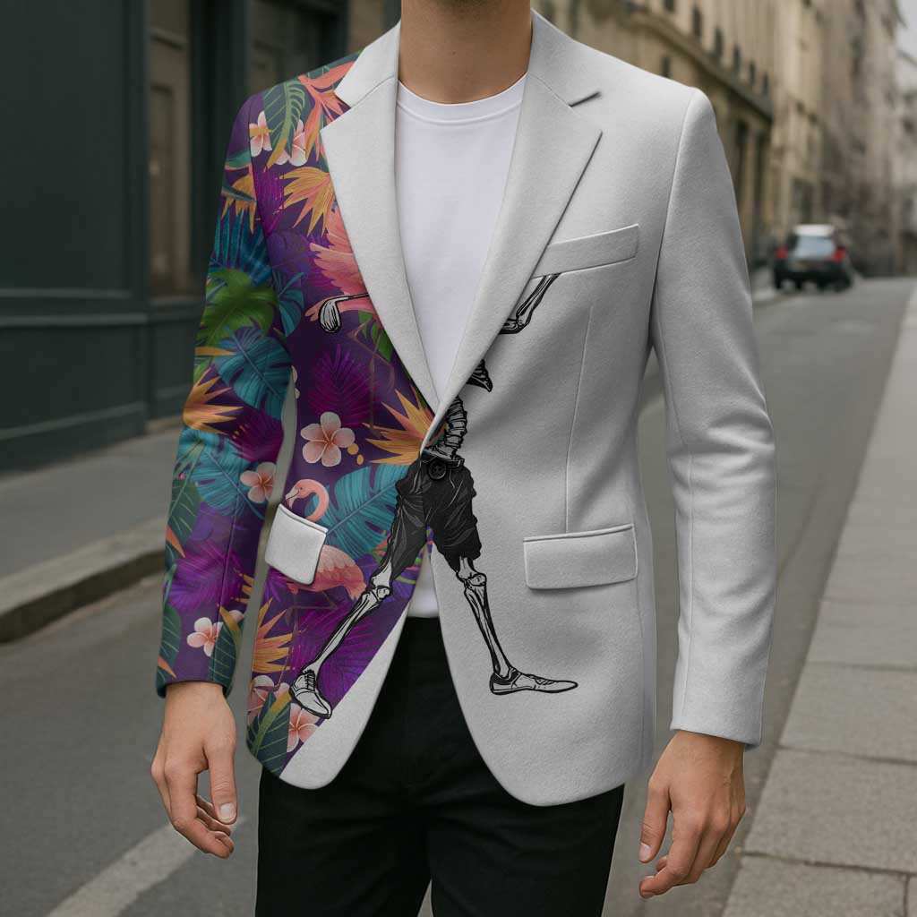 Custom Skeleton Golfer Blazer with Tropical Flamingo Leaves Pattern and Colorful Floral Background - Wonder Print Shop