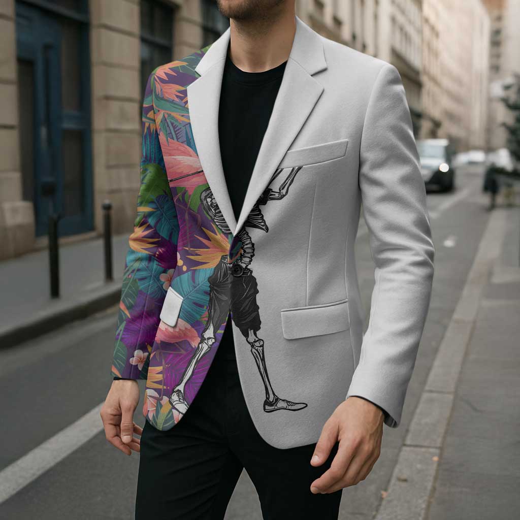 Custom Skeleton Golfer Blazer with Tropical Flamingo Leaves Pattern and Colorful Floral Background - Wonder Print Shop