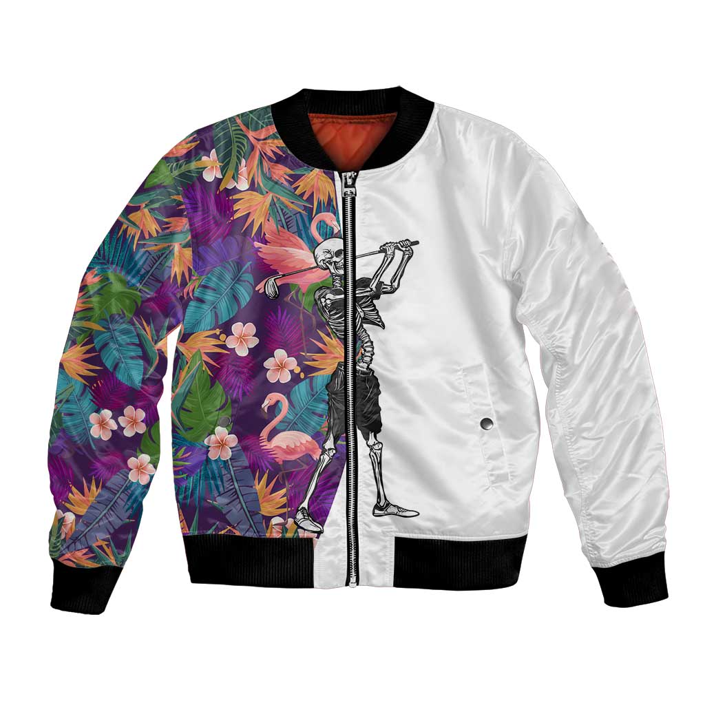 Custom Skeleton Golfer Bomber Jacket with Tropical Flamingo Leaves Pattern and Colorful Floral Background - Wonder Print Shop