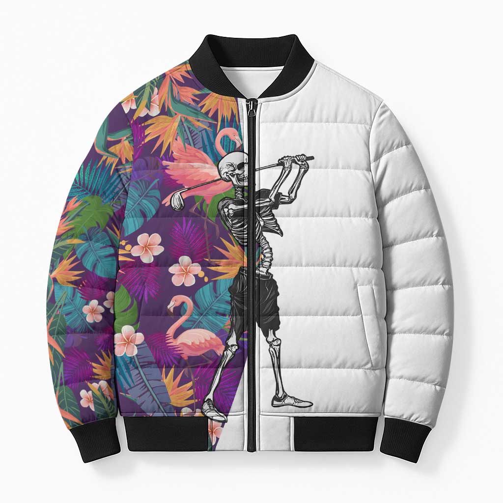 Custom Skeleton Golfer Bomber Puffer Jacket with Tropical Flamingo Leaves Pattern and Colorful Floral Background - Wonder Print Shop