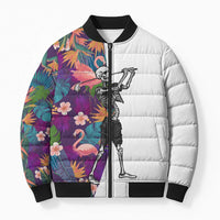 Custom Skeleton Golfer Bomber Puffer Jacket with Tropical Flamingo Leaves Pattern and Colorful Floral Background - Wonder Print Shop